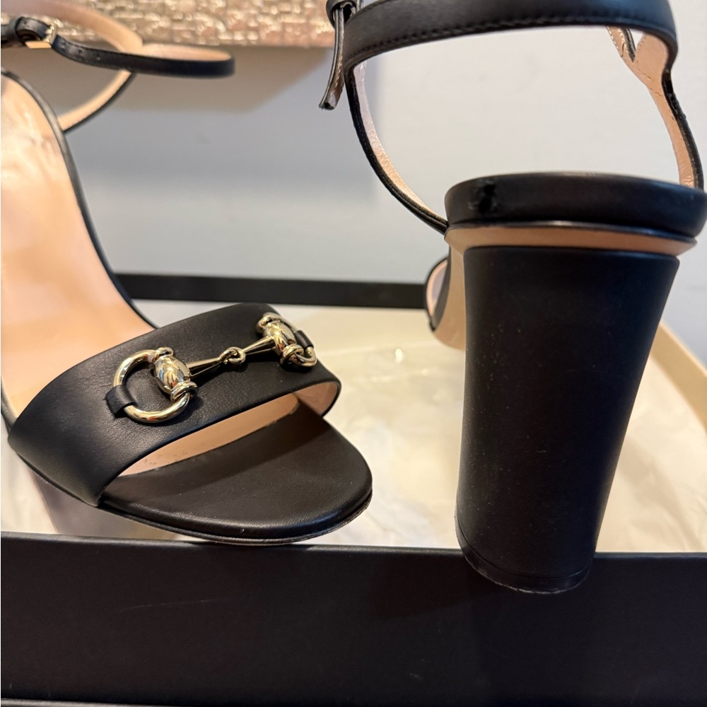 Gucci Black Heeled Sandals with Gold Horsebit accent - Picture 5 of 11